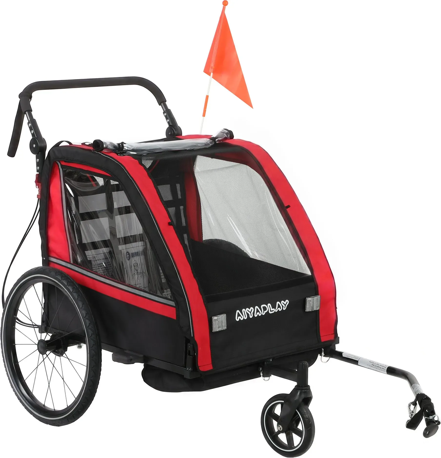 AIYAPLAY Kinder-Fahrradanhänger 2 Sitze 2-in-1, Baby-Fahrrad-Kombiwagen mit höhenverstellbarem Schiebebügel, Handbremse, 5-Punkt-Gurt, Sicherheitswimpel, universelle Anhängerkupplung, bis zu 38 kg, rot   Aosom