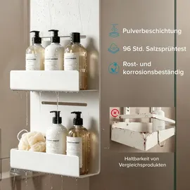 doporro Duschregal ohne Bohren, 2-stöckige Duschablage zum Hängen für Glasduschtüren und Duschwände, höhenverstellbar mit 3 Haken, Shampoo Halterung für Dusche, Duschkorb Weiß Oryne-01