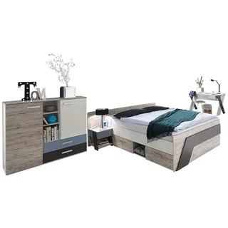 Lomadox Jugendzimmer mit Bett 140x200 cm und Schreibtisch 4-teilig LEEDS-10 in Sandeiche Nb. mit weiß, Lava und Denim Blau