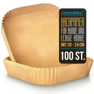 Arendo Backpapier für Heißluftfritteuse, 4,5–7,5 L, 20 x 20 x 4,5 cm, antihaft, ungebleicht, – Perfekt für 5.7–9L Körbe, Airfryer, Ofen & Backen – Umweltfreundlich & Praktisch (Ø20x4.5 stück)