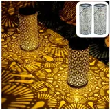 Marrakesch Orient & Mediterran Interior Marrakesch 2er Set Solarlaternen Solarlampen für außen mit Henkel aus Metall 30cm Groß | Vintage Deko Outdoor Solar LED Laterne Wetterfest Fava Grün IP65 Wasserdicht als Gartendeko im Garten