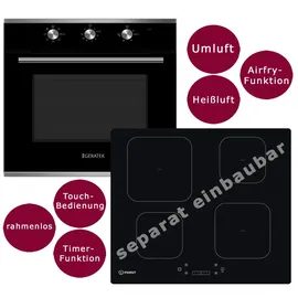 Geratek Backofen und autarken Induktiosnkochfeld Heißluft Umluft Airfryer Funktion analoger Timer 60 cm rahmenloses Touch Control Timer Kindersicherung