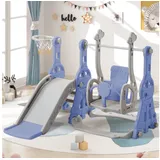 zebery Rutsche Kinderrutsche 4-in-1 Rutschen,Gartenrutsche mit Schaukel, Blau Kleinkinderrutsche,Kletterleitern,Schaukeln, Basketballkörbe blau