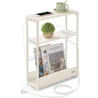 VASAGLE Beistelltisch schmal, Nachttisch mit Ladefunktion, Couchtisch klein, 3 Ablagen, Zeitschriftenhalter, für Wohnzimmer, Schlafzimmer, Arbeitszimmer, cremeweiß LET335W02