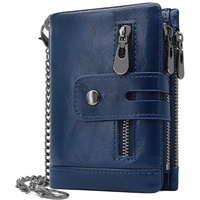 REETEE Herren Geldbörse RFID Schutz Männer Ledergeldbeutel mit Kette Doppelte Falte Herren Geldbeutel mit Münzfach Reißverschluss Portemonnaie 16 Kartenfächern Portmonee Brieftasche (Navy blau)