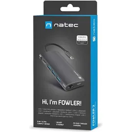 GENESIS Natec FOWLER 2 3X USB 3.0 HUB HDMI 4K USB-C (USB-C, 8 Ports), Dockingstation - USB Hub, Grau
