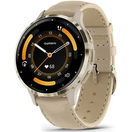 Garmin Venu 3S french gray/softgold mit Schnellwechsel-Leder-Armband + + Schnellwechsel-Silikon-Armband french gray/softgold