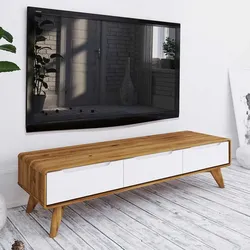 TV Lowboard in Weiß und Wildeiche drei Schubladen