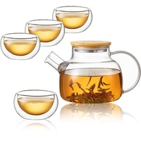 CNGLASS 900 ml Glas Teekanne mit Bambusdeckel, für Herdplatte und doppelwandige Glas-Teetassen, Glas-Teebereiter, Geschenkset für lose Blätter und blühenden Tee, 4 Stück