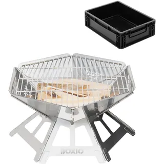 BOXIO - FIRE: Edelstahl Feuerschale mit Grillrost - Oktagon Feuerstelle Outdoor & Camping Grill, Kleine Feuerschale mit Funkenschutz, Mini Feuertonne & Feuerkorb für Garten & Lagerfeuer (Fire)