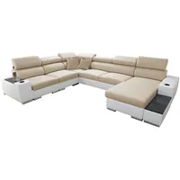 All4All Ecksofa mit Schlaffunktion Piano 358x282 cm – Schlafsofa mit Bettkasten – Wohnlandschaft XXL – Sofa U-Form – Gewebe mit Kunstleder - Groß - Big Sofa - Rechte Seite - Beige/Weiß 26