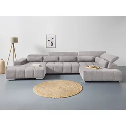 Wohnlandschaft COTTA "Orion U-Form", grau (stone), B:409cm H:73cm T:225cm, 100% Polyester, Sofas, mit Kopfteilverstellung & 6 Nierenkissen
