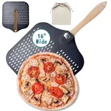 Colenza Pizzaschieber 40,6 cm, 40,6 cm B x 45,7 cm L, extra großer Metall-Pizzaschieber 40,6 cm, Aluminium-Pizzaschieber mit faltbarem Holzgriff und Aufbewahrungstasche (40,6 cm perforiert)