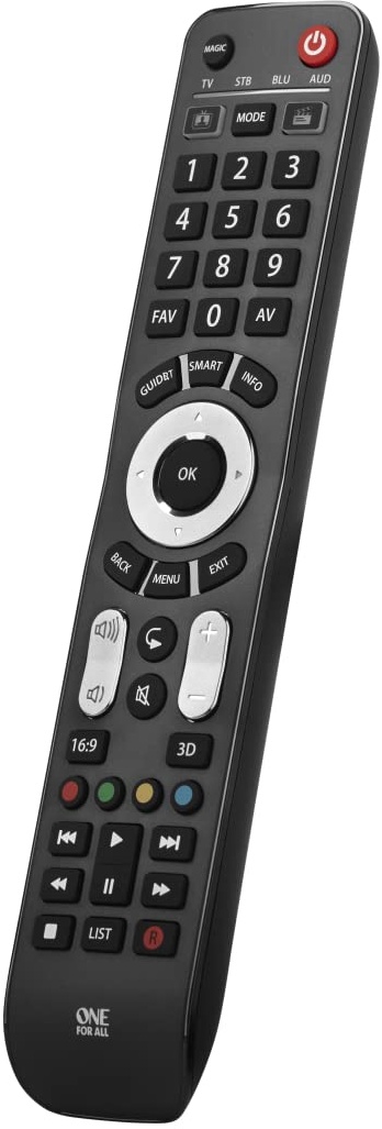 One For All Evolve 4 Universal Fernbedienung - Steuerung von 4 Endgeräten TV/Set Top Box/Blu-ray/Audio- Funktioniert garantiert mit allen Herstellermarken – Optimiert für Smart TV - URC7145