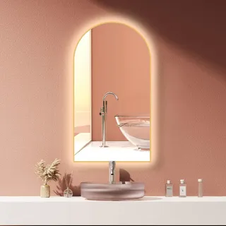 PonteSino HOKO® LED Badspiegel Bogen Beschlagfrei 50x90 cm / 90x50 cm San Diego mit Goldener Metallrahmen, HOCH+QUER Montage. Arch+Touch Schalter+Licht Wechsel - Gold