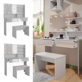 Vicco Schminktisch Azur Weiß/Weiß Hochglanz, 120 cm mit Spiegelregal, Bank & LED-Beleuchtung