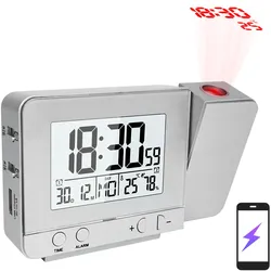 Projektionswecker für Schlafzimmer mit Thermometer, Hygrometer, digitale Projekt-Deckenuhr silber