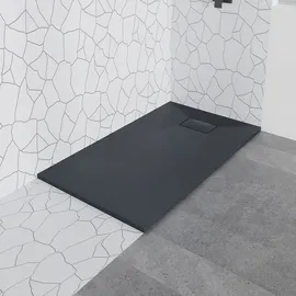 bad land Duschwanne Rechteck Steinoptik, Ablaufgarnitur im SET, Anti-Rutsch, Verbundwerkstoff Schwarz Ø Badland VIDAR 180x90x3,2 SMC