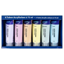 Stylex 28629 - Pastell Acrylfarben im Set, 6 Tuben á 75 ml, auf Wasserbasis hergestellt, matt, hohe Deck- und Farbkraft, lichtbeständig, schnelltrocknend und wasserfest
