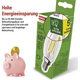 EMOS LED Lampe Edison Candle, 3,8W Ersatz für 60W Glühbirne, A Klasse, E14 Sockel, Helligkeit 806 lm, Neutralweiß 4000 K, Lebensdauer 50000h, ZF...