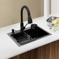 45x40cm Spüle Mit Ausziehbarer Armatur Moderne Küchenspüle Mit Ausziehbarer Armatur Rechteckige Spüle Aus Edelstahl Ausziehbare Mischbatterie + Seifenspender + Tassenspüler + Abtropfkorb + Abfallbehäl