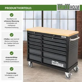 Trutzholm Werkstattwagen DELUXE 12 Schubladen 123 cm Breite unbestückt mit massiver Arbeitsplatte Anthrazit