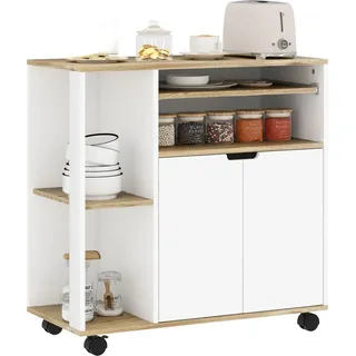 Homcom Küchenwagen Servierwagen mit Schrank, verschiebbaren und verstellbaren Einlegeböden, Rollwagen Küchenregal mit Arbeitsplatte, Rollen für - Weiß