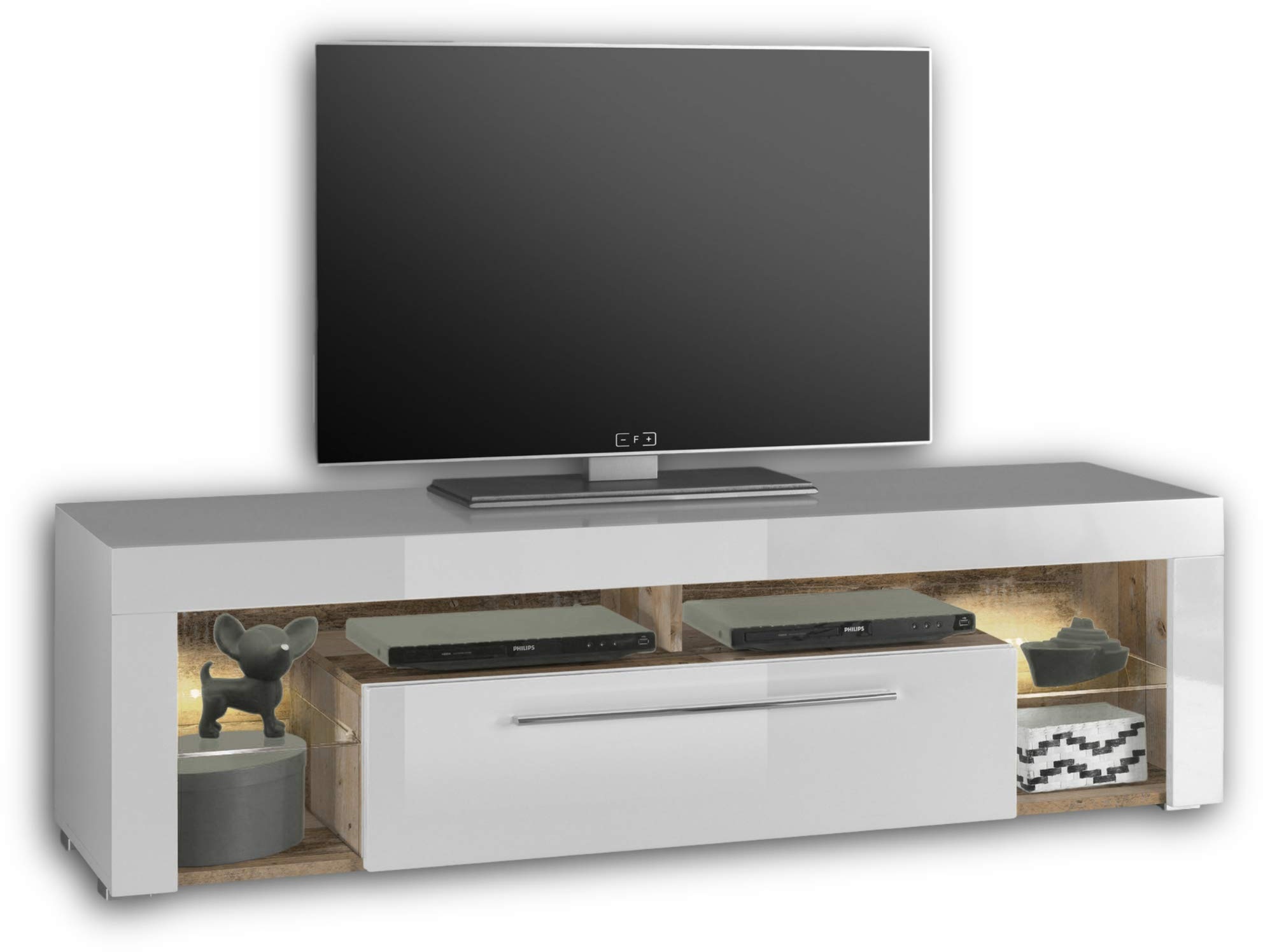 GOAL TV-Lowboard in Old Style Optik, Weiß mit LED-Beleuchtung - hochwertiges TV-Board mit viel Stauraum für Ihr Wohnzimmer - 153 x 44 x 44 cm (B/H/T)
