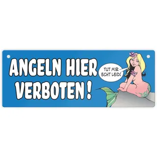 Angeln hier verboten! Metallschild L in 10,5x28cm in blau mit Meerjungfrau
