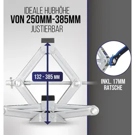Alca alca® Wagenheber Scherenwagenheber mit Ratsche 1,5t Universal Hubhöhe 104 - 380 mm für Auto/SUV/MPV