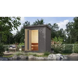 Saunahaus KARIBU "Talo 1", grau (terragrau), Saunaofen, integrierte Steuerung, (ohne Ofen), Saunen, Ofen 9 kW, integrierte Steuerung, mit Energiespartür
