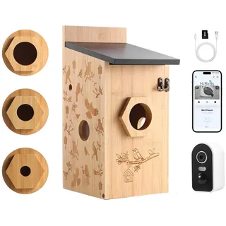 Vogelhaus mit 4MP Kamera, Nistkasten für Vögel für Draußen Wetterfest, 2,4 G WiFi & App Benachrichtigung, Video/Fotoaufnahme & Bewegungserkennung, Beobachten Sie das Nisten und Schlüpfen, Nachtsicht,C