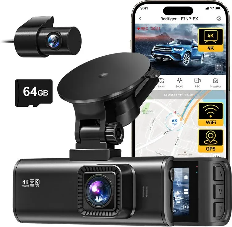 REDTIGER F7NP-EX 4K Dashcam Vorne & Hinten Integriertes WiFi & GPS HD Dashcam, WDR, Nachtsicht, 64 GB Karte, GPS, 5,8 GHz WiFi - Schwarz
