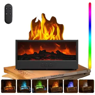 ravsfbca Aroma Diffuser mit LED Kamin, Duftöl Diffusor für Ätherische Öle mit 7-Farben-Licht Flammeneffekt, Luftbefeuchter mit Fernbedienung, Timer, Wasserlose Abschaltautomatik