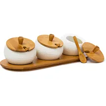Relaxdays Gewürzhalter JIAO Keramik/bambus, Hxbxt:8,5x30,5x12cm, Gewürzdosen mit Deckel Halter, natur