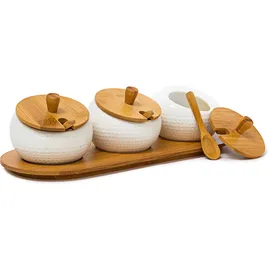 Relaxdays Gewürzhalter JIAO Keramik/bambus, Hxbxt:8,5x30,5x12cm, Gewürzdosen mit Deckel Halter, natur