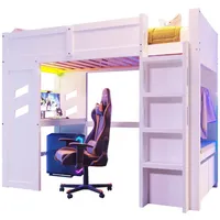 autolock Kinderbett Hochbett,Gaming Bett mit Schreibtisch,LED-Leuchten,1 USB-Anschlüssen, Kinderbett mit Leiter,Schreibtisch,Schublade,Wäscheständer und Typ-C weiß