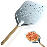 GOMETY Pizzaschieber Perforiert, 12 Zoll Perforiert Pizzaschaufel Pizzaheber aus Hart Eloxiertes AluminiumPerforiert und Brotschieber mit Verbrühungshemmend Griff für hausgemachte Pizza Brot Kuchen