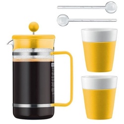 Bodum French Press Kanne Bistro, silberner Permanentfilter, Set, 2 Porzellantassen mit 0,3 Liter, 2 Kaffeelöffel aus Kunststoff gelb