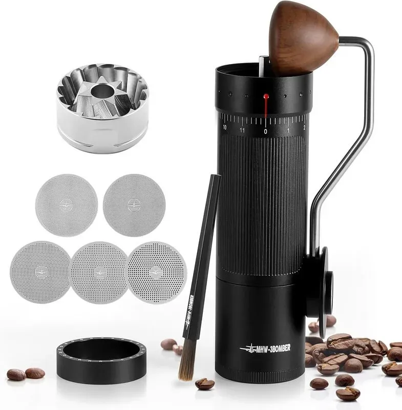 MHW-3BOMBER R3 Handkaffeemühle mit CNC-gefrästem Edelstahl-Kegelmahlwerk und 5 Sieben für French Press, Filterkaffee, Espresso, extern verstellbar, Handkaffeemühle mit Magnetbehälter, G5847B-OS