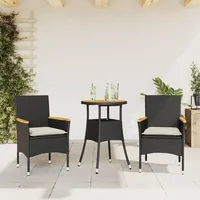 Ankonbej 3-tlg. Garten-Essgruppe mit Kissen Schwarz Poly Rattan Akazie - Schwarz/Weiß