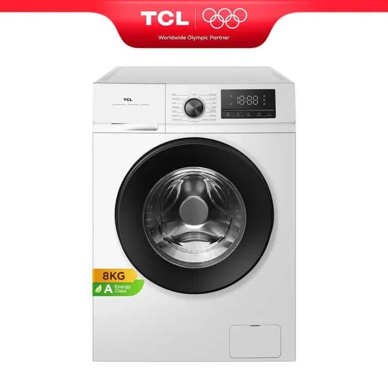 TCL Waschmaschine, 8 kg, Energieeffizienzklasse A-10 % mit BLDC-Motor, Dampfwäsche, Schnellwäsche 15 Min., Kindersicherung FF2408WA2