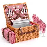 Picknickkorb 4 Personen,Picknickkorb mit Kühlfach und wasserdichte Picknickdecke, Piknik Korb Set mit 4 Sets Besteck, Teller Perfekt für Picknick, Camping, Reisen, Strand(Rot)