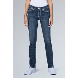 Regular-fit-Jeans SOCCX, Damen, Gr. 28, Länge 34, blau, Material: 87% Baumwolle, 10% Polyester, 3% Elasthan, Zusatz: Enthält nichttextile Teile tierischen Ursprungs (Badge), Abriebeffekte, klassisch, regular fit, Jeans, mit Kontrast-Steppungen