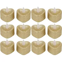HERCHR Goldene Teelichter, 12 Stück, Goldene Flammenlose Votivkerzen, Weihnachts-Glitzer-Teelichter, LED-Teelichter in Herzform, Party, Hochzeit, Geburtstag, Tischdekoration