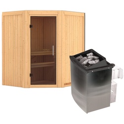 Karibu Sauna Taurin mit Eckeinstieg 68 mm -9 kW Ofen integr. Steuerung-Ohne Dachkranz-Ganzglastür in Graphit-Optik