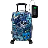 TOKYOTO Kinderkoffer Kinder-Trolley für Mädchen & Jungen 55x35x20 cm/Koffer Handgepäck Hartschalenkoffer, Reisekoffer klein Reisetasche Kinder mit TSA-Schloss & USB-Anschluss Blue Skulls