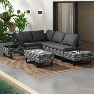 Laxnb Garten Lounge Möbel Poly Rattan Gartenmöbel Set, Balkonmöbel, 4-5 Sitzer L-Form Ecksofa mit Tisch, Gartenlounge Outdoor Patio Terrasse Balkon Möbel, Sitzgruppe Sofa Lounge mit Kissen (Grau)