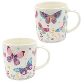 Dekohelden24 2er Set Kaffeebecher Kaffeetasse aus Porzellan - Motiv: Bunte Schmetterlinge - Größe H/Ø: 9 x 8 cm, Fassungsvermögen 270ml, spülmaschinengeeignet