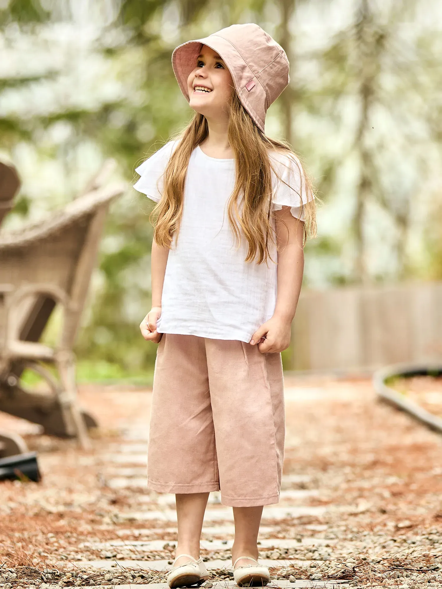 7/8-Hose MAXIMO, Mädchen, Gr. 110/116, N-Gr, rosa (marmorrosa), Web, Obermaterial: 100% Baumwolle, Hosen 7/8-Hose, rosa, Culotte, Leinenoptik, Kleinkind, Mädchen